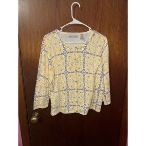 Alfred Dunner Petite Womens Yellow Paisley Beaded Button Up Cardigan Size PL